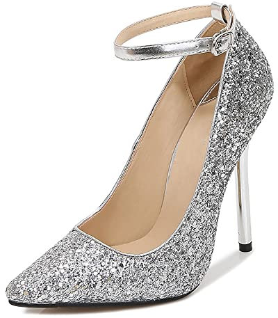 Nqpnrl Damen-Absatzschuhe, spitz, Knöchelriemen, Pailletten, High Heel, Hochzeit, Party, Arbeit, Pumps, silberfarben, 37 EU