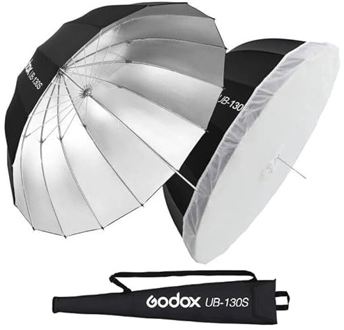 Godox UB-130S 51.2 130cm Parabolic Deep Reflective Umbrella Silver Inner Photography Studio Soft Light Umbrella with Withe Diffuser Cover for Video Studio Shooting (130Silver)