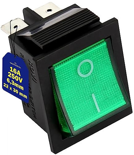 Interruptor Bipolar Verde Luminoso 250V 16A 4 Fastons 6,3mm 22 x 30 mm Cuerpo Negro Garantía de 10 Años - MONTERAL