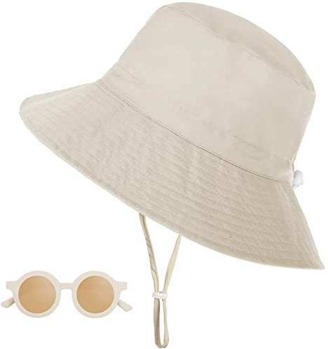 UV-Schutz UPF 50+ Sonnenhut Kinder, Breiter Krempe Nackenschutz Fischerhut Baby mit Sonnenbrille, Atmungsaktiv Bucket Hat mit Verstellbarem Kinnriemen, Strandhut für Junge, Mädchen, 2-6 Jahre