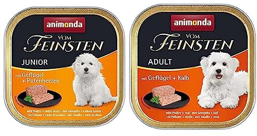 animonda Vom Feinsten Junior Hundefutter, Nassfutter für Hunde im Wachstum, mit Geflügel + Putenherzen, 22 x 150 g & Adult Hundefutter, Nassfutter für ausgewachsene Hunde, Geflügel + Kalb, 22 x 150 g