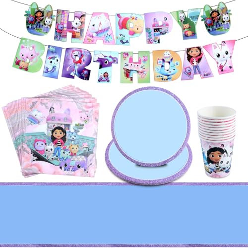 Lot de 42 décorations d'anniversaire Gabby – Vaisselle de fête, assiettes, gobelets, nappe, bannière pour anniversaire d'enfant fille