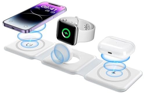 ALESTOR Magnetic Wireless Charger,Foldable 3 In 1 Wireless Charging Station,MogSafe Wireless Charger Stand for iPhone 14/15/13/12/11/Pro/Max/X/XS/XR/8 Plus, Apple Watch Series,Air Pods 3/Pro/2