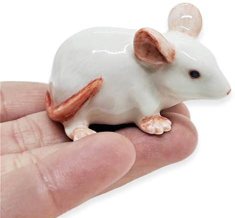 WitnyStore 2 White Mouse Crouch Look Right Ceramic Rat Figurine for Terrarium Decoration Collectible Statue for Adult Collectors Handcrafted Porcelain Ornament Sculpture Home Room Tabletop Decor