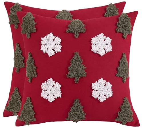 2er Set Weihnachten Kissenbezug 45x45cm Tufteter Schneeflocken und Tanne Kissenbezüge Weihnachtsbaum Baumwolle Leinen Kissenhülle Dekokissen Sofa Wohnzimmer Schlafzimmer Couch