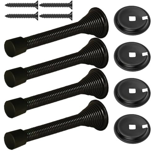 4 Pack Spring Door Stop Black 85mm Metal Door Stoppers with Screws Base Plate Rubber Bumper Tips for Protect Walls and Doors
