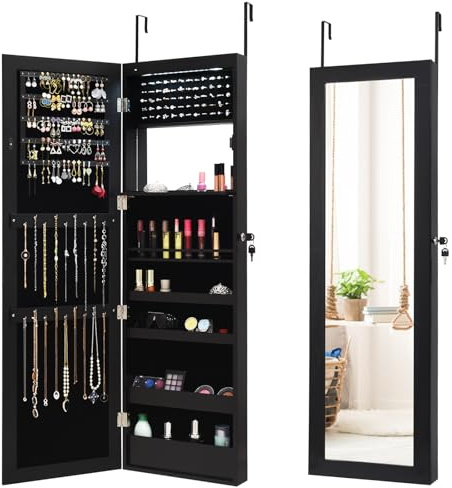 Multigot 15 LED Lights Jewellery Cabinet, 2-in-1 Hanging or Wall Mounted Jewelry Armoire with Full Length Mirror and Built-in Mirror, Lockable Makeup Organizer for Bedroom Dressing Room (Black)