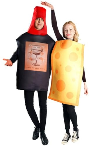 2pcs Red Wine and Cheese Fancy Dress Costume Funny Role Play Party Costume Food Jumpsuit Couples Costume for Men Women