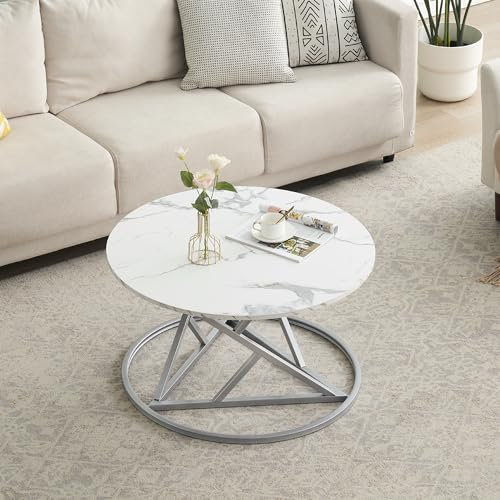 GOKHOMX Table Basse de Salon Ronde, Meuble Table Salon Basse en Effet Faux Marbre Blanche Moderne avec Pieds en Métal pour Salon Chambre Bureau Café, Ø 80 cm, Blanc et Argent