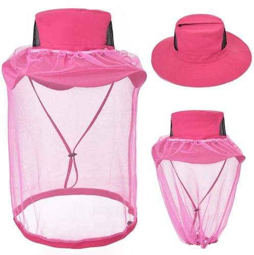 PLLBMXTI Hut mit Schleier Mückennetz,Pink Sonnenhut, Kopfnetz, Faltbar Angler Netz Hut Fischerhut Sonnenhut Verhindern Sie Mücken, Bienen und Fliegen