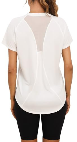 Wayleb Laufshirt Damen Kurzarm Rundhals Sport T-Shirt Oberteile Leichtes Atmungsaktiv Sportshirt Back Mesh Laufshirt Fitness Locker Sportbekleidung, Weiß M