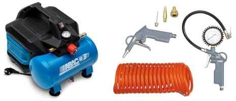 ABAC Compresseur d'Air Portable Silencieux EASE-AIR 6, Compresseur d'Air sans Huile & 6 Pièces Kit d'Accessoires Pour Compresseur G-813, Comprenant un Gonfleur de Pneus