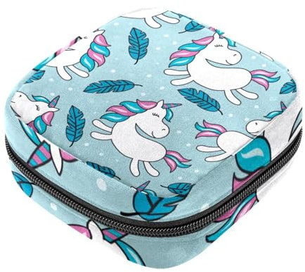 Damenbinden-Aufbewahrungstasche, weißes Einhorn-Feder, hellblau, für die erste Periode, für Mädchen und Frauen, Menstruationstassen-Beutel, für weibliche Menstruation, Tamponbeutel