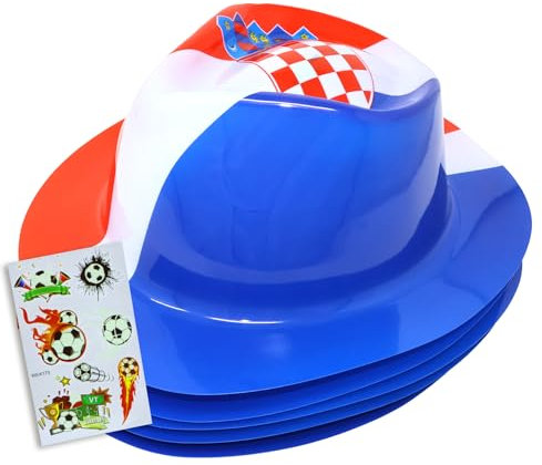 Tise Süsswaren Fussball Fanartikel Hut Kroatien, Rot/weiß/blau mit Wappenschild Europameisterschaft, 5er Pack inkl. Leuchtende Fußball-Tattoos