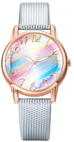 JewelryWe Damenuhr Regenbogen Leder Uhr: Hellblau Damen Preppy Boho Analog Quarz Armbanduhr Frauen Lässige Uhr mit PU Lackleder Armband und farbigem Regenbogen Zifferblatt