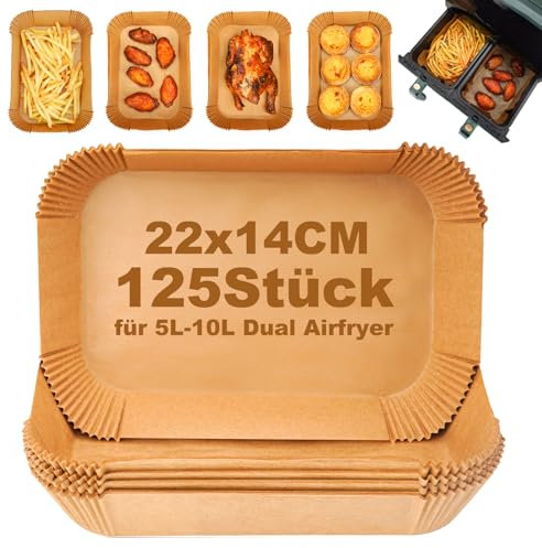 Backpapier für Heißluftfritteuse, 125 Stück 22 x 14cm Airfryer Backpapier, Rechteck Pergamentpapier kompatibel mit Ninja AF300EU AF400EU, 5-10 L Philips Dual Basket Airfryer Zubehör