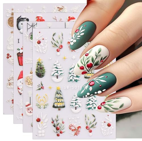 JMEOWIO 3D Nagelsticker Weihnachten Nail Art Sticker Selbstklebend Nagelaufkleber 5D Stereoskopisch Schneeflocke Winter Urlaub Süß Dekoration Nageldesign Zubehör 4 Blatt