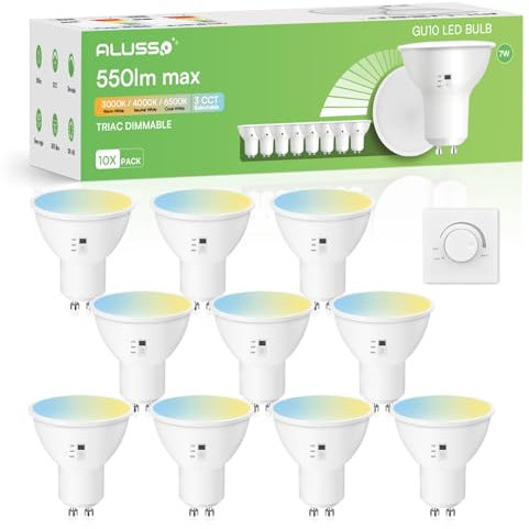 ALUSSO GU10 LED Dimmbar 7W Lampe, 3CCT Einstellbar Warmweiss/Naturweiss/Kaltweiß Glühbirnen, 550lm Energiesparlampe Ersetzt 70W Halogen Leuchtmittel, 120° Abstrahlwinkel LED Bulb, 10 Stück
