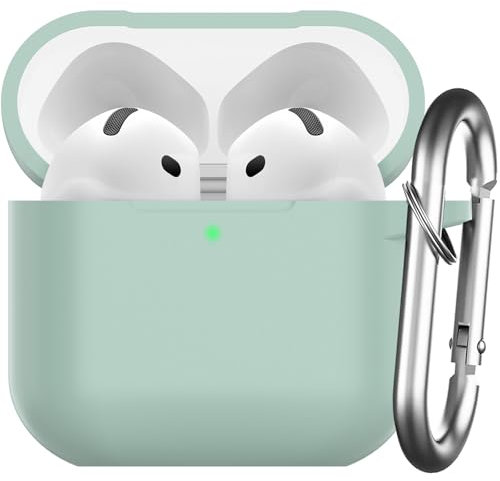 Nemteur für AirPods 4 Hülle 2024, Schützende Silikon Case für AirPods 4th 2024 Skin Front LED Sichtbar Silikon Hülle mit Karabiner, Cloud Grey