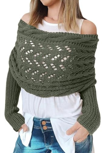 CCAIPU Schal mit Ärmeln für Damen, Winter Weiche Schals und Wraps mit Ärmeln, Gestrickte Kabel Wrap Hollow Verlängernde Doppel Ärmel Schal Schal (Grün)