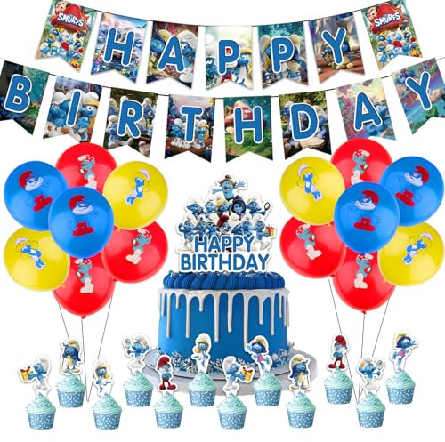46 Stück Smurfs Geburtstagsdeko Set, Schlümpfe Kindergeburtstag Deko, Cartoon Luftballons Geburtstag Dekoration Set für Kinder Jungen Mädchen Schlümpfe Themenpartys Dekorationen