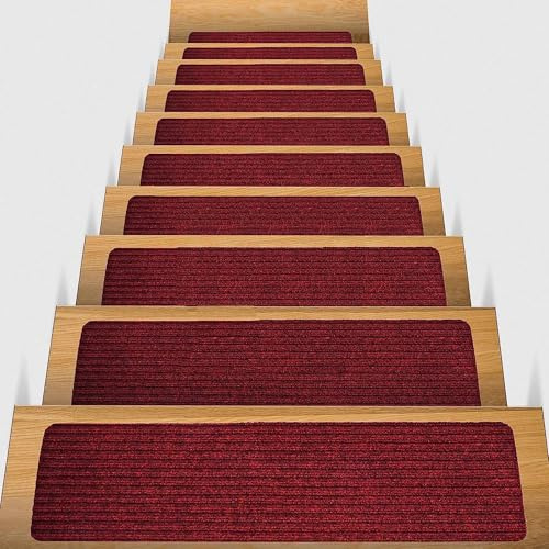 XIEMINLE Stufenmatten, 76 x 20 cm, selbstklebende Stufenschutz-Teppiche für Zuhause, Treppenhaus, Dekoration, Innenläufer, waschbar, Sicherheitsteppich (15 Stück, Weinrot)
