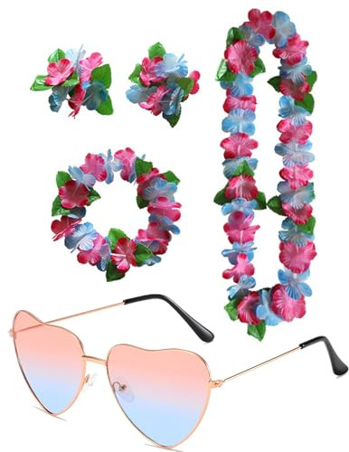 CULEB Ensemble de Colliers à Fleurs Hawaïennes+Lunettes Soleil Forme Cœur,Hula Luau Collier Bracelet Bandeau Hawaïen Colliers Fleurs Hawaïen pour Carnaval,Fête Sur Plage,Cheerleading,Mariage