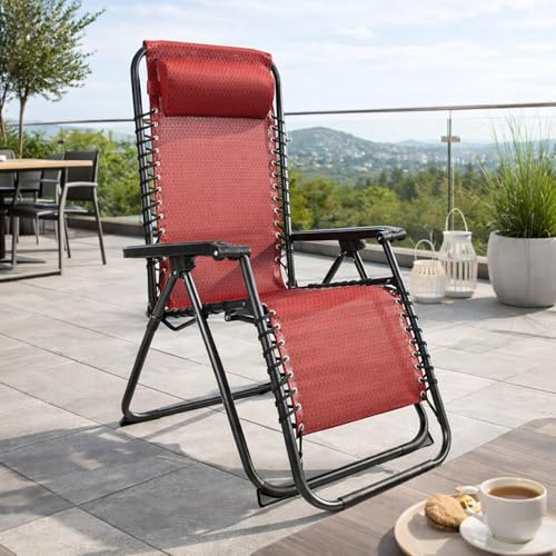 Mojawo Luxus Comfort Gartenstuhl - Relaxsessel - Relaxstuhl - Liegestuhl - klappbar - verstellbar - mit Kopfpolster Schwarz/Rot