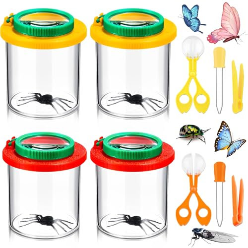 4 Stück Lupenglas Für Kinder Set, Becherlupen Für Kinder, Insektenglas Mit Lupe Kinder, Käferglas Mit Lupe Kinder, Lupenbecher Kinder, Für Outdoor Wissenschaft Natur Erkundung (Rot, Gelb)