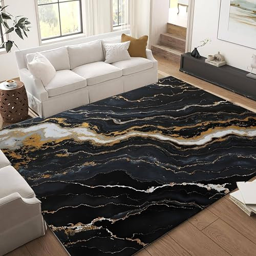 ZCLRUG Luxury Black Gold Area Rug, 70x140cm, Dark Marble Texture Room Decor Rug, Modern Abstract Low Pile Washable Mats Indoor Rug Non-slip Living Room Bedroom Carpet Soft Durable Outdoor Carpets
