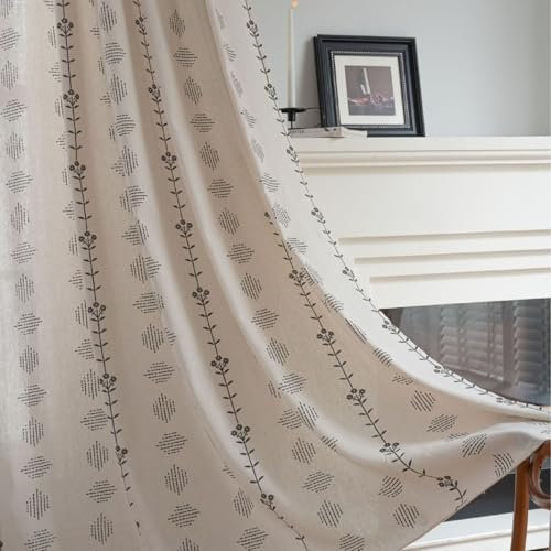 SASIGAYA Boho Vorhänge Beige Vintage Baumwolle Leinen Schiebevorhänge im Landhausstil Gardinen Halbschattig Bedruckte Vorhang B132×H220cm 2 Stück für Küche Wohnzimmer Schlafzimmer Curtains