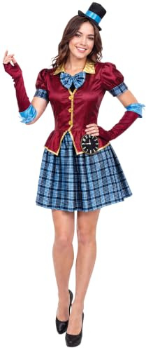 FIESTAS GUIRCA | Tic Tac Hutmacher Kostüm für Damen - Kleid, Hut und Ärmel - Alice im Wunderland Kostüme, Verrückter Hutmacher für Halloween, Karneval und Kostümpartys - Blau und Braun