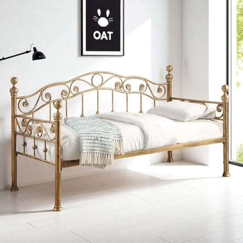 OAT Home Mayfair Antique Brass Effect Single Metal Day Bed Frame with Optional Pull Out Black Guest Trundle, Victorian Style (Antique Brass Without Trundle)