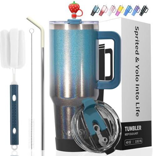 WATERSY Travel Mug Coffee Cup 30oz Tumbler Straw Lid and Handle, Stainless Steel Double Wall Vacuum Insulated Coffee Water Bottle Thermal for Cold Hot Coffee 891ml Shiny Black Blue