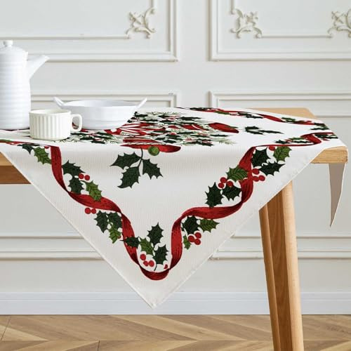 Tischdecke Weihnachten Mitteldecke Rot Grün Tischwäsche Bäume 85x85 | Ribbon Blumen Winter Weihnachtsdeko Christmas Table Cloth Klein Weihnachtstischdecke für Urlaub Party Dekor