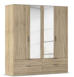 Rauch Möbel LAGOA, Kleiderschrank, Farbe Eiche Sonoma, Breite 181 cm | Schrank, 4-türig, Spiegel, 4 Schubladen, Zubehör Classic, für Schlafzimmer, Kinderzimmer, Babyzimmer, Garderobe