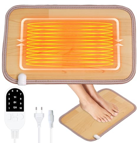 Heizteppich, Afenau 30 X 50cm Fußwärmer Elektrisch mit 10 Heizstufen, 3 Zeitstufen, 150cm Netzkabel, Beheizbare Fußmatte, Heizmatte Fussboden für Zuhause, Büro, Fußheizung (Holzmaserung)