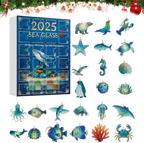 Sea Glass Marine Life Adventskalender 2025 | 24 Tages Seeglasornamente Weihnacht Countdown Kalender 2025 | 2D Weihnachtskalender Meereslebewesen Anhängern | Ozeane Tiere Geschenk Weihnachtsbaumschmuck