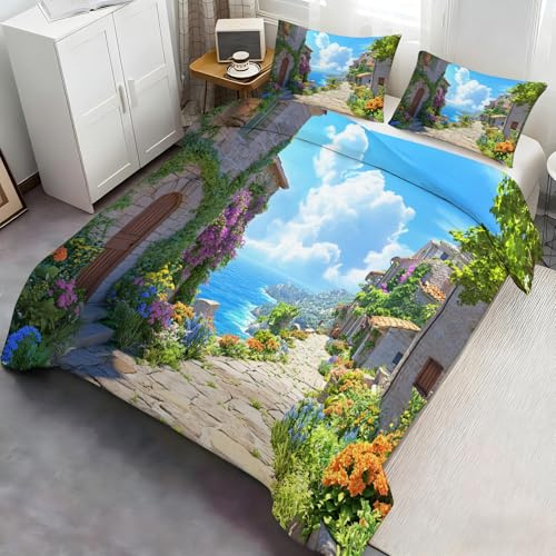 Italienische Landschaft, Bettbezug-Set, toskanische Stadt, 3-teilig, Seaside Garden, Einzelbett, 135 x 200 cm + 2 Kissenbezüge mit Reißverschluss