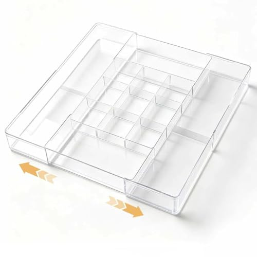 RHtvrll Expandable Drawer Organizer Tray, Large Clear Desk Drawer Organizer with 12 Adjustable Compartments for Office Supplies, Kitchen Gadgets & Vanity Accessories