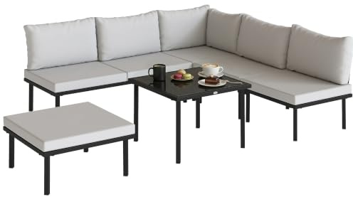 Outsunny Salon de Jardin Extérieur d'angle Modulable 6 Personnes Gris Clair | Canapé, Fauteuils, Repose-Pieds, Table Basse Plateau Verre Trempé, Coussins, Mobilier de Jardin, Terrasse, Balcon