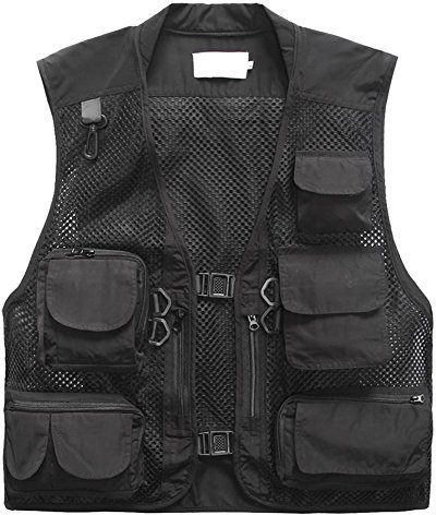 Phorecys Mens Outdoor Casual Hollow Out Thin Multi-pockets Stand Collor Hooded Outerwear Camping Hunting Fishing Photography Vests Gilet Black UK M-Label L