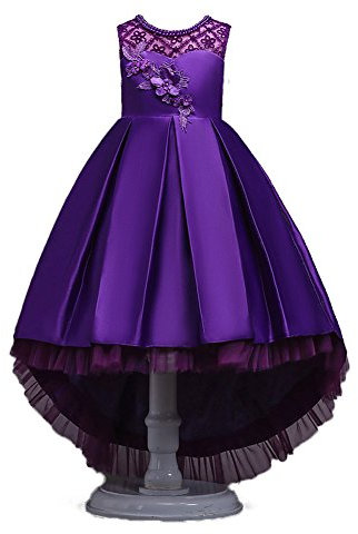 Wulide Enfants Fille Robe de Princesse longue en Dentelle avec Bowknot Demoiselle d'honneur Sans Manches Hi-Lo Robe de Soirée, Violet, 13-14 ans(étiquette 160)