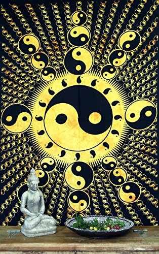 GURU SHOP Boho-Style Wandbehang, Indische Tagesdecke - Yin Yang/Goldgelb, Baumwolle, 190x140x0 cm