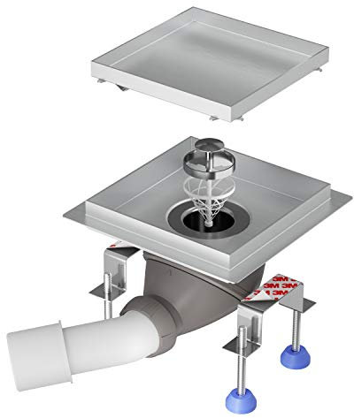 Drain de plancher NORDONA® Point Basic | Caniveau de douche carré | Dimensions 15x15 cm | Y compris : cuvette à carreler | système vidage Wirquin 360°