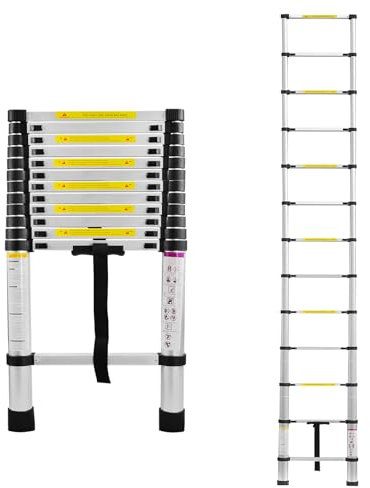 Aufun Teleskopleiter Alu 3,8m Ausziehbare Leiter Rutschfester Aluleiter Schiebeleiter Sprossenleiter Ausziehleiter Aluminiumleiter Teleskop-Design Mehrzweckleiter max 150 kg Belastbarkeit