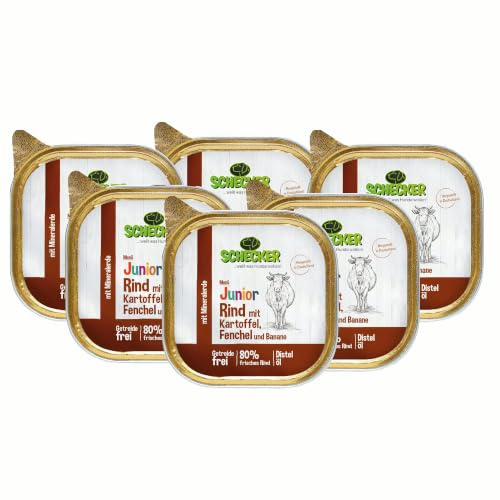 Schecker 6 x 200g Hundemenü Junior mit 80% Rind mit Kartoffel Fenchel und Banane Spezielle Kost für Welpen in der Wachstumsphase