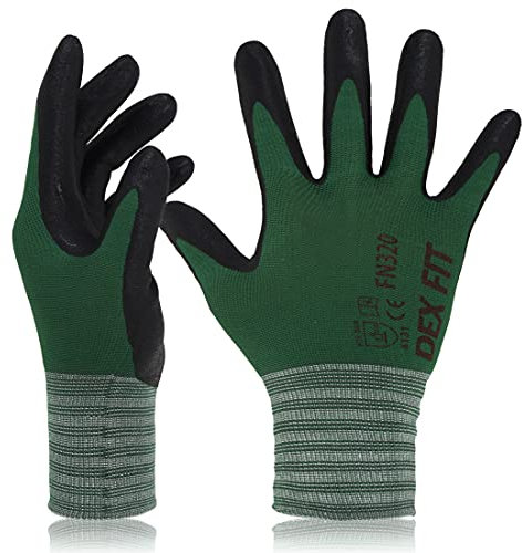 DEX FIT Guantes de Trabajo, Ajuste Cómodo Elástico 3D, Buen Agarre, Recubrimiento de Espuma Duradero de Nitrilo, Táctil, Lavable en la Lavadora, Fino y Ligero, Verde Bosque 7 (S) 3 Pares