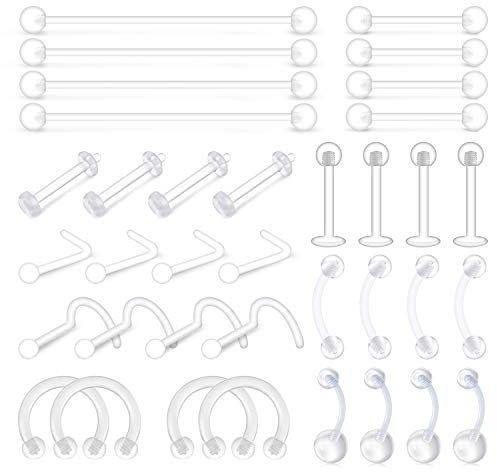 VCMART 36er Piercing Retainers Set Bioflex Lippe Nase Augenbraue Zunge Bauchnabel Ohr Piercing Kit Plastik