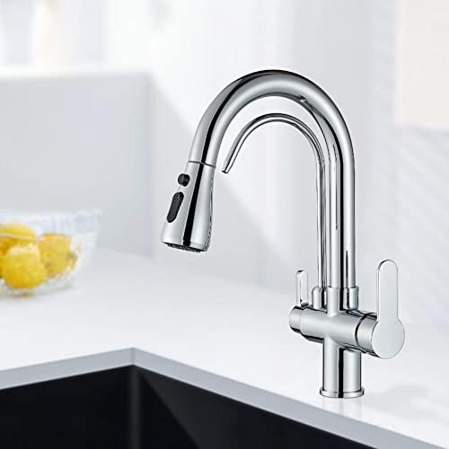 JUNSHENG Rubinetto lavello da Cucina 3 Vie Con Filtro Per L'acqua, con Doccetta Estraibile Girevole a 360° 3 in 1 Miscelatore, Cromato…